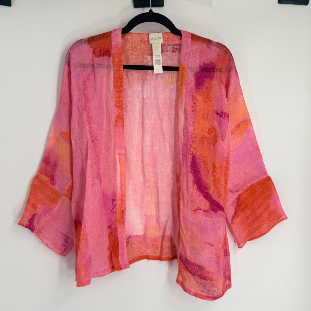 Chicos Pink Orange Abstract Watercolor 100% Linen Open Front Cardigan 0 Small
